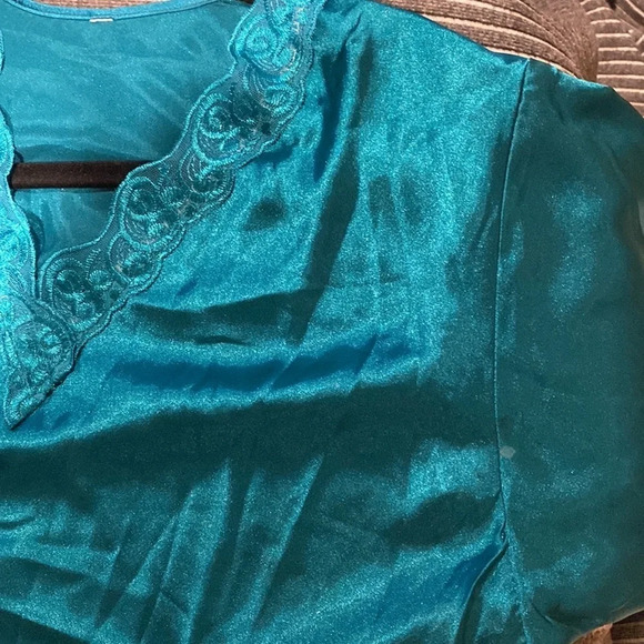 Vintage Teal Olga style lace trim long sleeve  night dress Sz M - Picture 9 of 16